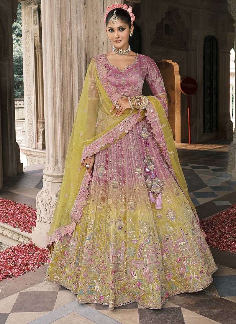 Onion Pink And Green Silk Blend Lehenga set choli dupatta