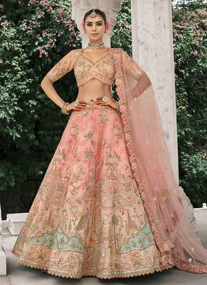 Peach silk blend Embroidered Lehenga  choli 1