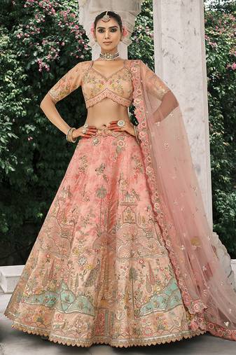 Peach Silk Blend Lehenga set choli dupatta