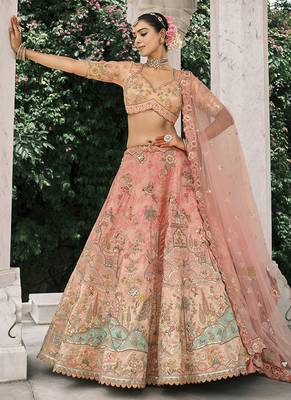 Peach silk blend Embroidered Lehenga  choli 2
