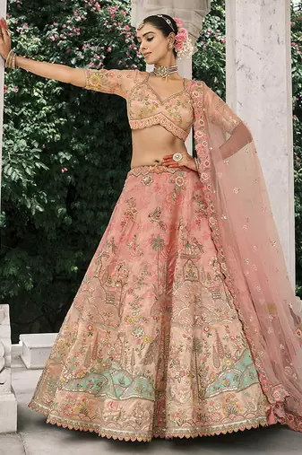 Peach silk blend Embroidered Lehenga  choli