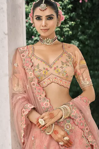 Peach silk blend Embroidered Lehenga  choli