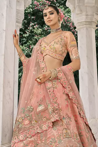 Peach silk blend Embroidered Lehenga  choli