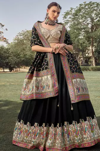 black embroidered silk festive lehenga set choli with dupatta