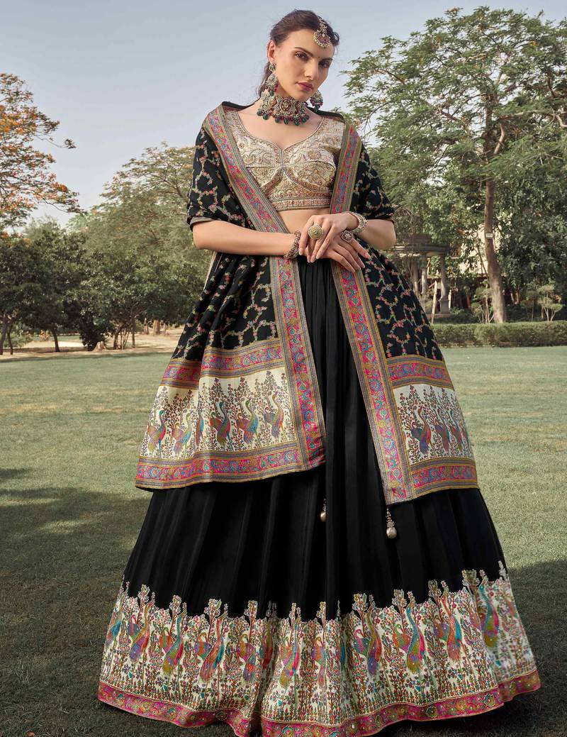 black embroidered silk festive lehenga set choli with dupatta
