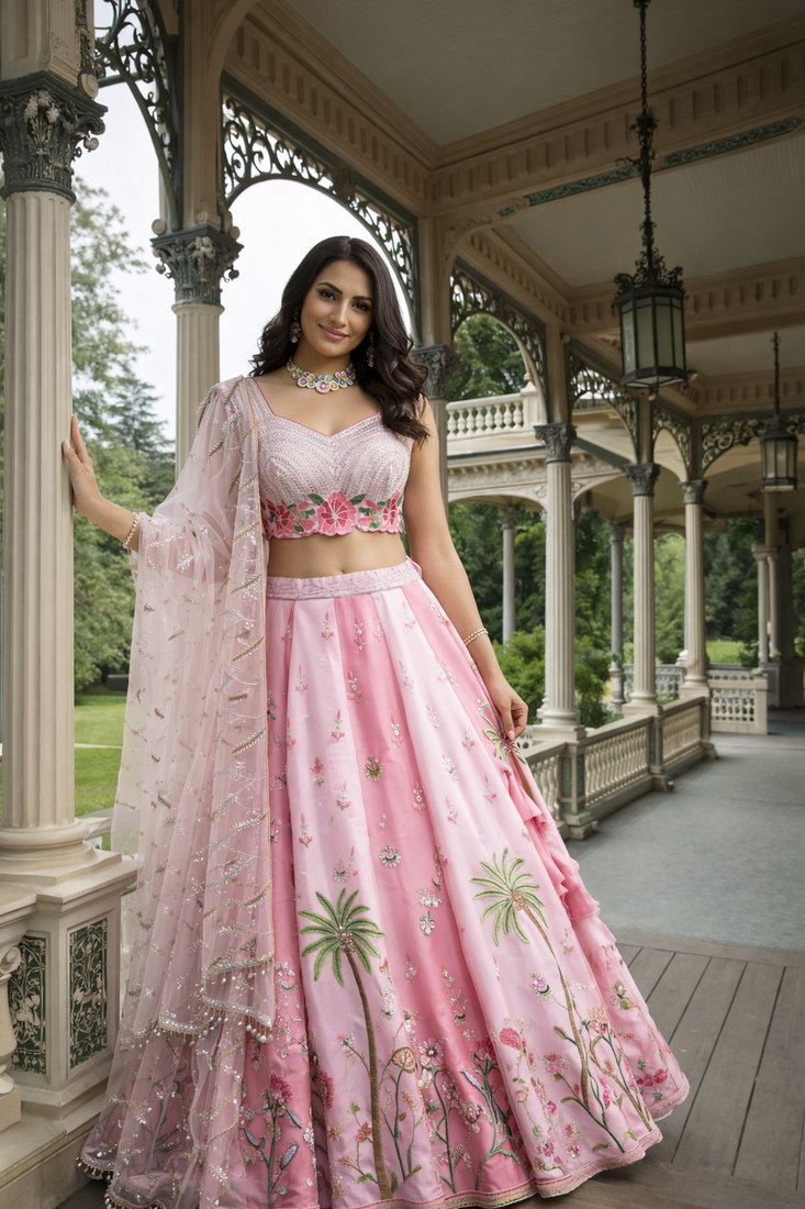 pink georgette embroidered lehenga choli with dupatta