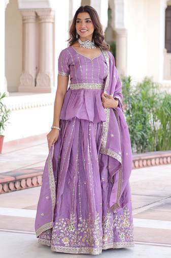 purple sequins crushed festive lehenga with peplum top