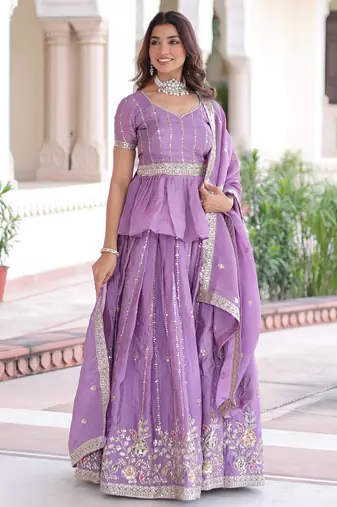 purple sequins crushed festive lehenga with peplum top