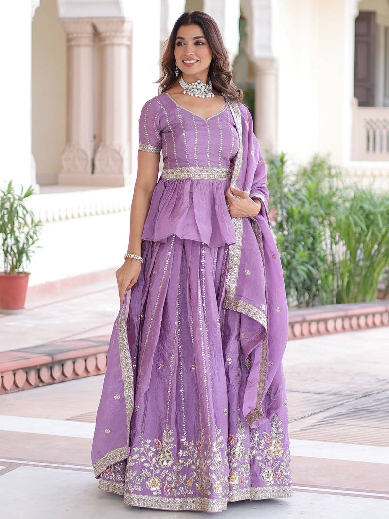purple sequins crushed festive lehenga with peplum top