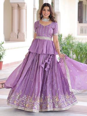 purple sequins crushed festive lehenga with peplum top 2