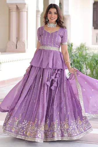 purple sequins crushed festive lehenga with peplum top