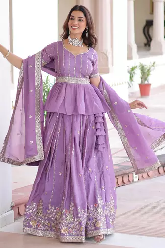 purple sequins crushed festive lehenga with peplum top