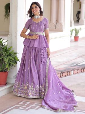 purple sequins crushed festive lehenga with peplum top 4