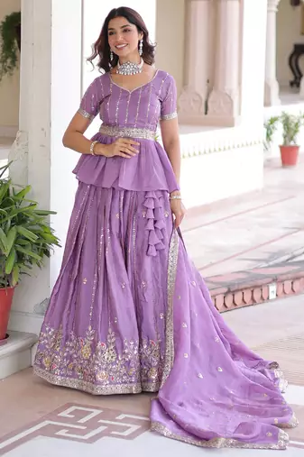 purple sequins crushed festive lehenga with peplum top
