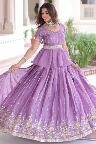 purple sequins crushed festive lehenga with peplum top