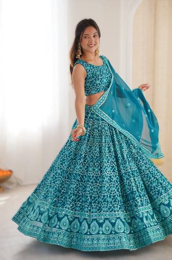 dark_sky_blue Exclusive Faux Georgette Embroidered Lehenga Choli Set with Gold Crush Dupatta (Size 32   42) 