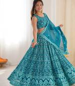 dark_sky_blue Exclusive Faux Georgette Embroidered Lehenga Choli Set with Gold Crush Dupatta (Size 32   42) 
