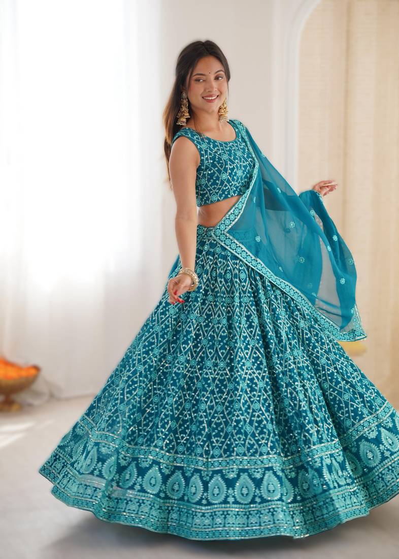 dark_sky_blue Exclusive Faux Georgette Embroidered Lehenga Choli Set with Gold Crush Dupatta (Size 32   42) 