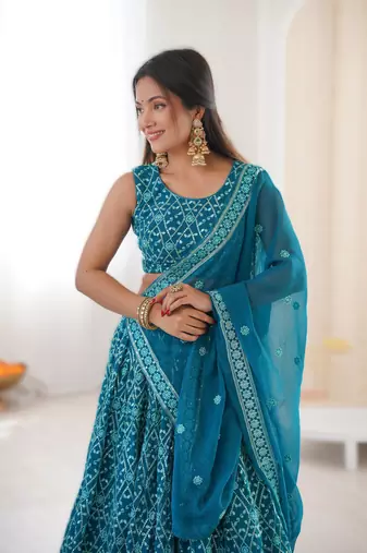 dark_sky_blue Exclusive Faux Georgette Embroidered Lehenga Choli Set with Gold Crush Dupatta (Size 32   42) 