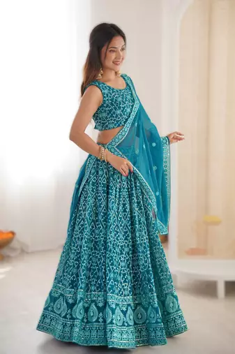 dark_sky_blue Exclusive Faux Georgette Embroidered Lehenga Choli Set with Gold Crush Dupatta (Size 32   42) 