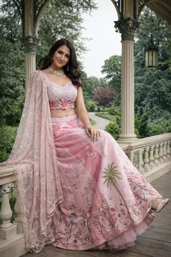 pink georgette embroidered lehenga choli with dupatta