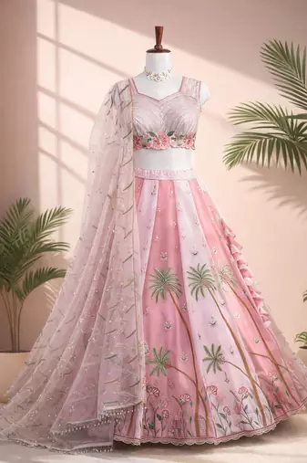 pink georgette embroidered lehenga choli with dupatta