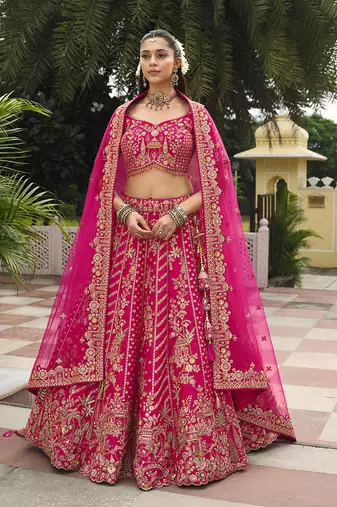 Rani Pink  Embroidered Silk Blend Bridal Lehenga set choli dupatta
