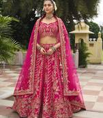 Rani Pink  Embroidered Silk Blend Bridal Lehenga set choli dupatta