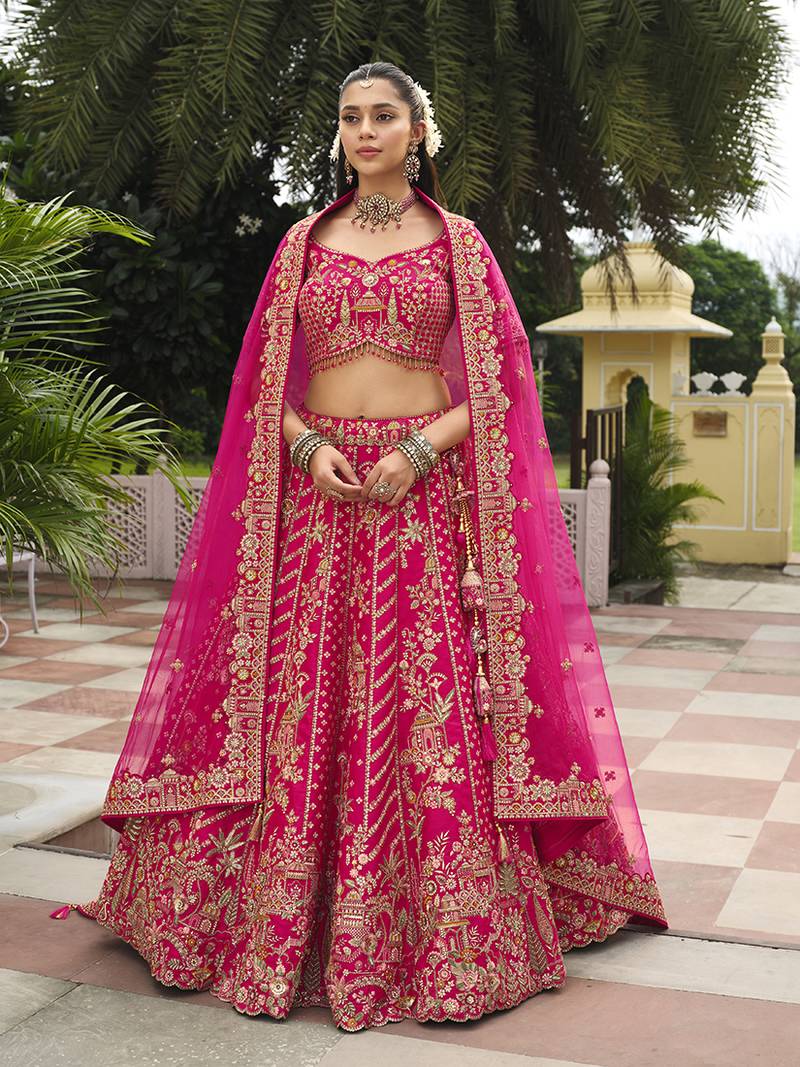 Rani Pink  Embroidered Silk Blend Bridal Lehenga set choli dupatta
