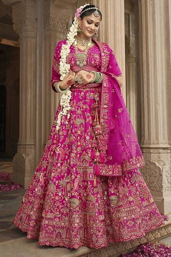 Magenta Pink  Embroidered Silk Blend Bridal Lehenga set choli dupatta