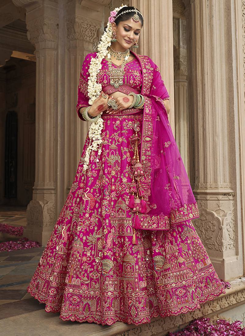 Magenta Pink  Embroidered Silk Blend Bridal Lehenga set choli dupatta