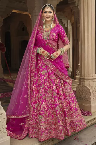 Magenta Pink  Embroidered silk blend Bridal Lehenga choli