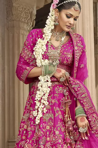 Magenta Pink  Embroidered silk blend Bridal Lehenga choli