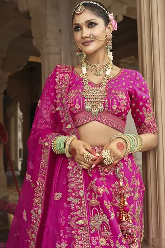 Magenta Pink  Embroidered silk blend Bridal Lehenga choli
