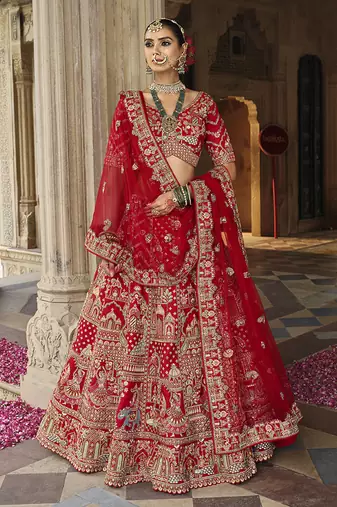 Red  Embroidered Silk Blend Bridal Lehenga set choli dupatta