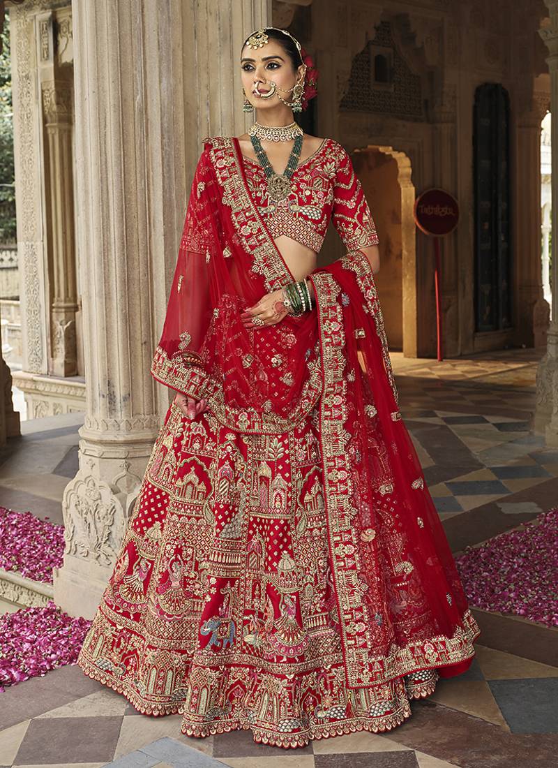 Red  Embroidered Silk Blend Bridal Lehenga set choli dupatta