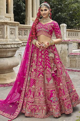 Rani Pink  Embroidered Silk Blend Bridal Lehenga set choli dupatta