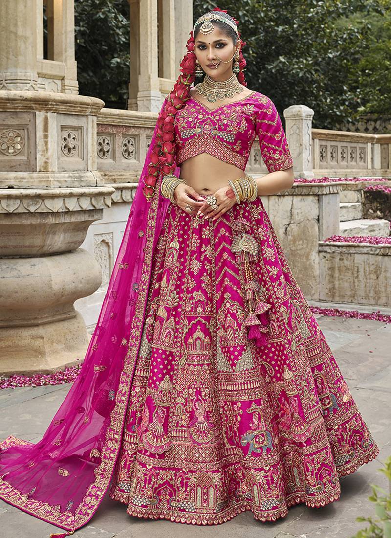 Rani Pink  Embroidered Silk Blend Bridal Lehenga set choli dupatta