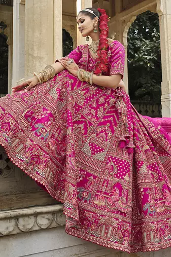 Rani Pink  Embroidered silk blend Bridal Lehenga choli