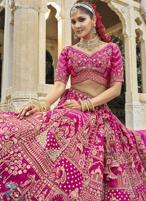 Rani Pink  Embroidered silk blend Bridal Lehenga choli 4