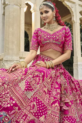 Rani Pink  Embroidered silk blend Bridal Lehenga choli