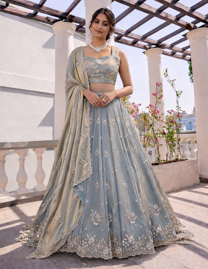 grey silk hand embroidery lehenga choli & dupatta