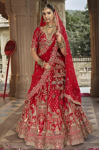 Red  Embroidered Silk Blend Bridal Lehenga set choli dupatta