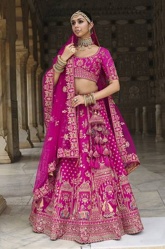 Magenta Pink  Embroidered Silk Blend Bridal Lehenga set choli dupatta