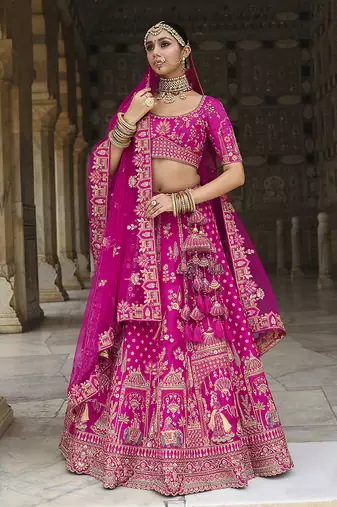 Magenta Pink  Embroidered Silk Blend Bridal Lehenga set choli dupatta