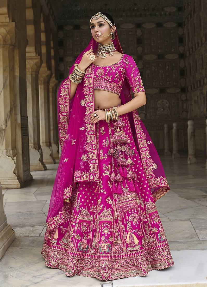 Magenta Pink  Embroidered Silk Blend Bridal Lehenga set choli dupatta
