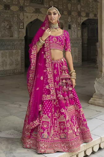 Magenta Pink  Embroidered silk blend Bridal Lehenga choli