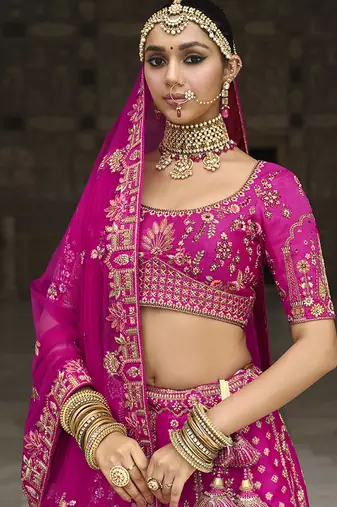 Magenta Pink  Embroidered silk blend Bridal Lehenga choli