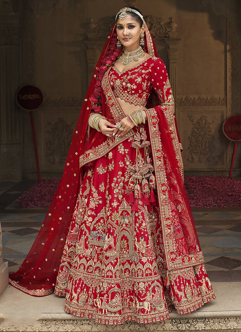 Red  Embroidered Silk Blend Bridal Lehenga set choli dupatta