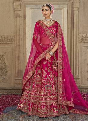 Rani Pink  Embroidered silk blend Bridal Lehenga choli 1